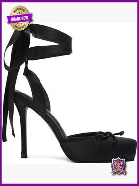 Satin Lace Up Square Toe Stiletto High Heel Ballet Bow Pumps Slingback